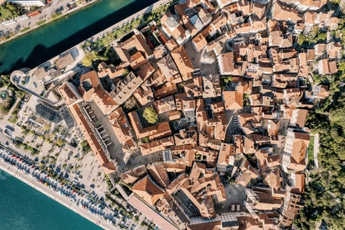 Preview: Old part of the town of Kotor with the embankment and canal. Montenegro. Top view