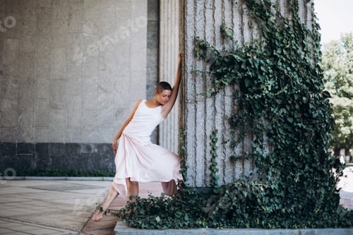 Preview: Woman with Short Hair Leaning on Ivy-Covered Column