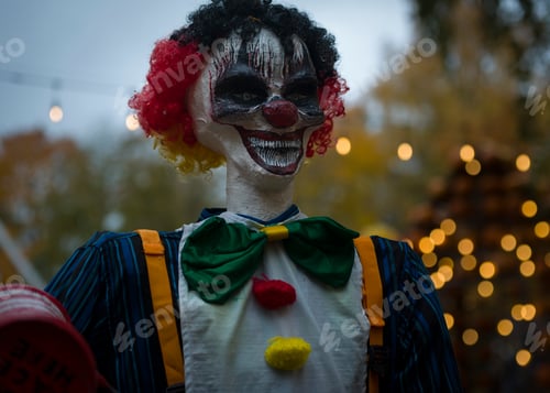 Preview: Halloween decoration, grinning clown standing on ghosts background