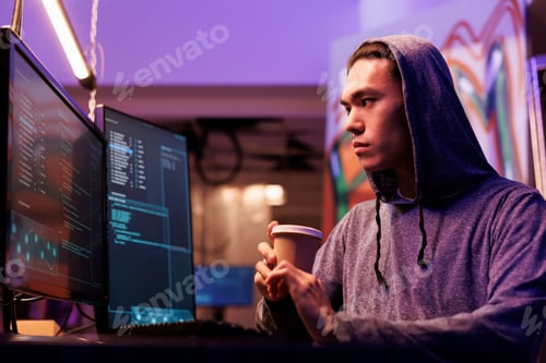 Preview: Hacker with coffee doing ddos attack
