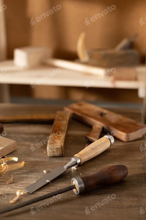 Preview: Woodworking tools on wooden table. Wood working or joiner tool