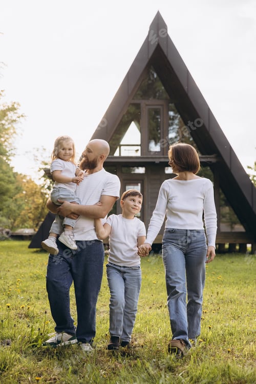 Preview: Family walking together in front of their modern a frame house