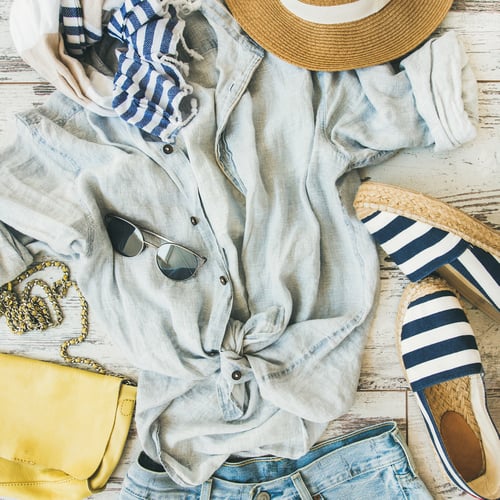 Preview: Summer woman's outfit flatlay, top view, square crop