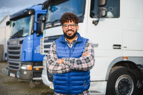 Preview: Young truck driver standing confident in truck parking
