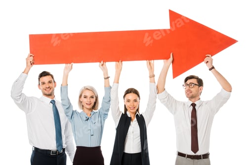 Preview: young successful business team holding big red arrow isolated on white