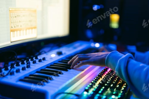 Preview: Close up sound producer hands working at studio