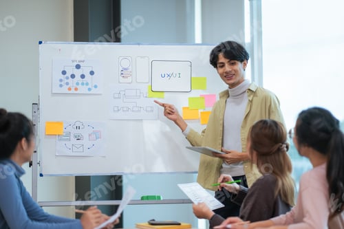 Preview: Ux developer and ui designer use augmented reality brainstorming about mobile app interface