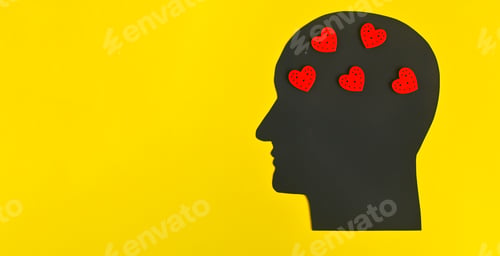 Preview: Silhouette of a man's head with hearts. copy space