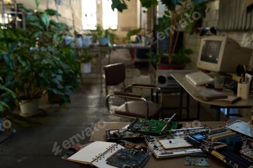Preview: Computer Components On Table In Abandoned Building