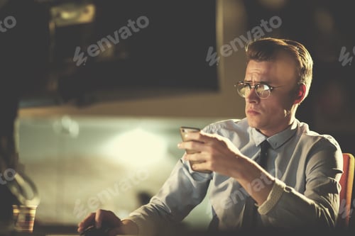 Preview: man using mobile phone in dark office