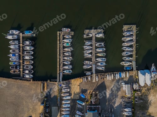 Preview: High angle aerial view over Island Park, Long Island, New York on a sunny day with blue skies