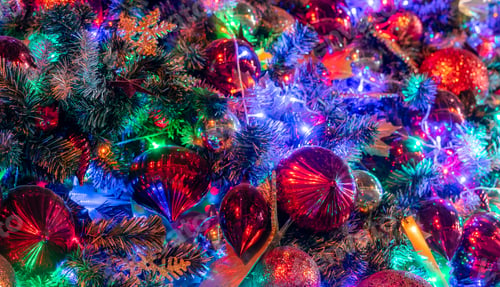 Preview: Close up Christmas tree decoration with red ball and lights. Xmas background. Christmas and Happy