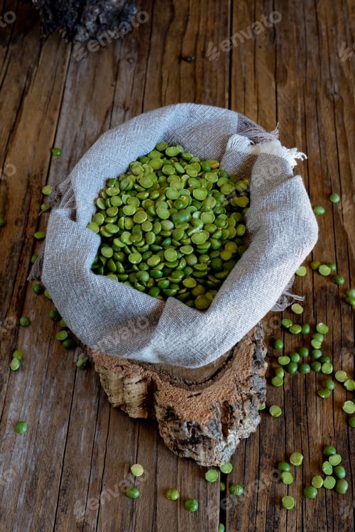 Preview: sack of split peas on wooden table