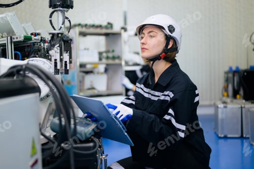 Preview: Smiling portrait of female technician checking and repairing automatic machine