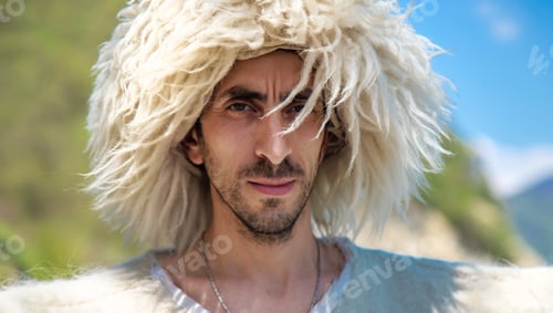 Preview: A Georgian man in a hat against the background of mountains and the sky. Selective focus.
