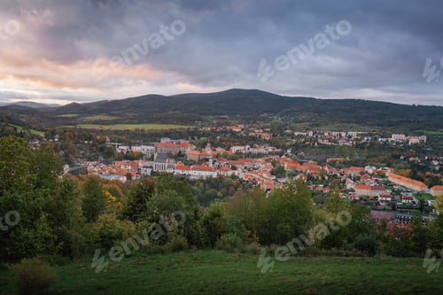 Preview: Aerial view of Cesky Krumlov from Hill of the Cross viewpoint at sunset - Cesky Krumlov, Czechia