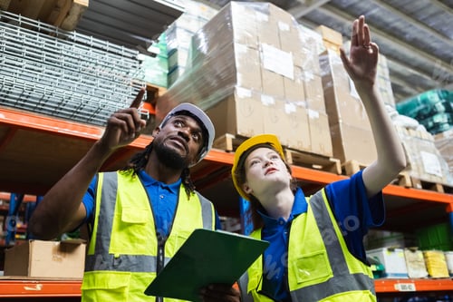 Preview: Group worker warehouse working brainstorm checklist product to shelf in warehouse store.