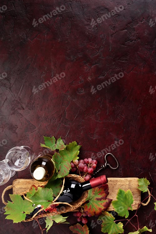Preview: Red Wine Still Life with Grapes and Rustic Wooden Board