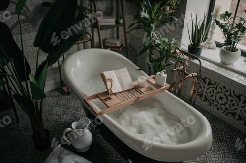 Preview: Luxury interior of eco style modern bathroom with oval bathtub and book on bamboo wood tray