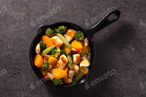 Preview: Stir fry chicken with vegetables on iron pan