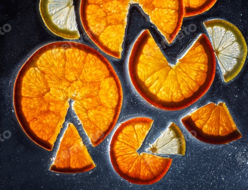 Preview: transparent slices of oranges and lemons on the glass
