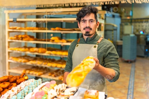 Preview: Baker offering baguette in a bakery shop