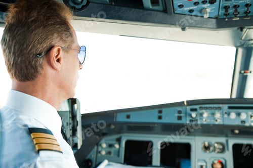 Preview: Getting ready to flight. Rear view of confident male pilot sitting in airplane cockpit