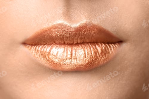 Preview: Beautiful young model with creative lips makeup, closeup