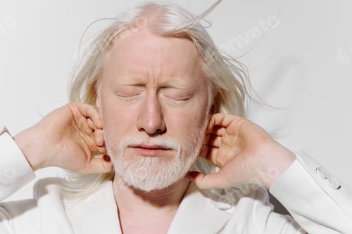 Preview: Portrait of an elderly man with long white hair and beard, eyes closed, hands behind his head