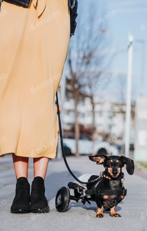 Preview: Woman walking pet with wheelchair on street