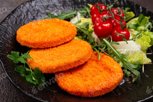 Preview: crispy fried fish cutlets, fish burgers, on a black plate, with fresh lettuce leaves,