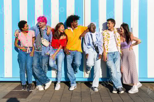 Preview: Multiethnic group of young happy friends hanging out