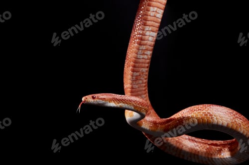 Preview: Portrait of Corn snake (Pantherophis guttatus) hanging against black background