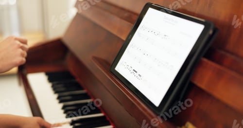 Preview: Girl, piano and tablet with teacher for learning, education or training with tech for music in home