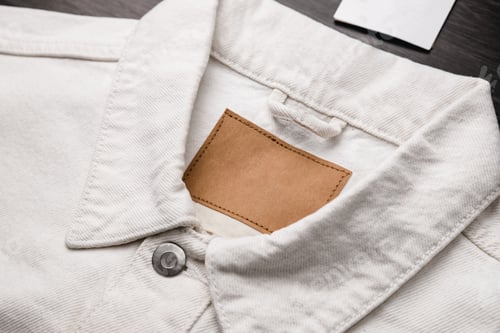 Preview: Blank clothing label on denim jacket texture. Label with empty space for text.