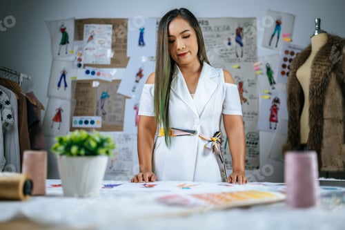 Preview: Young Asian Designer female drawing clothes sketh at workshop