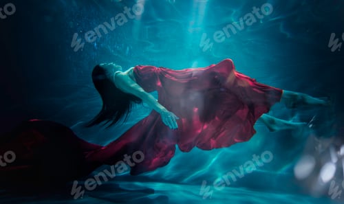 Preview: Beautiful woman swimming with fancy dress underwater
