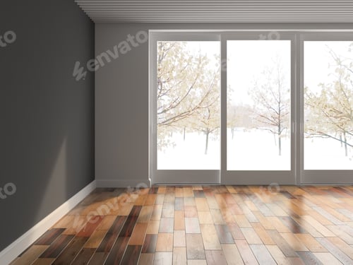 Empty Interior Space with Large Windows and Wood