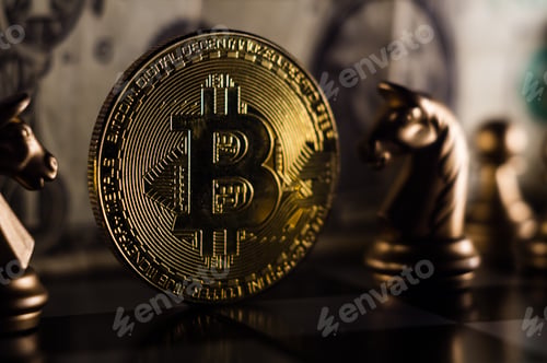 Preview: Closeup shot of a shiny cryptocurrency coin on a chessboard