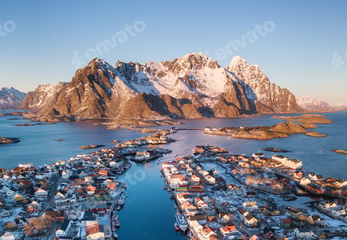 Preview: Aerial view at the Lofoten islands, Norway. Mountains and sea during sunset.
