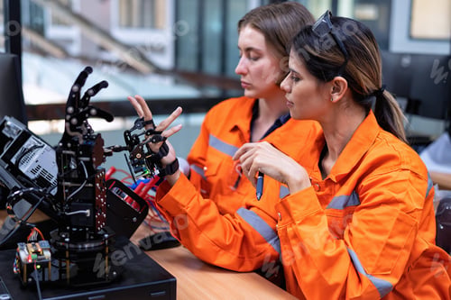 Preview: Girl engineer doing robot project testing cyborg hand control signal as high technology innovation