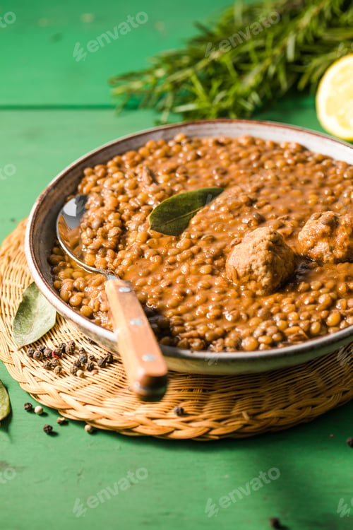Preview: Fakes soup. Lentil soup with tomato sauce garlic and laurel leaf. Greek food.