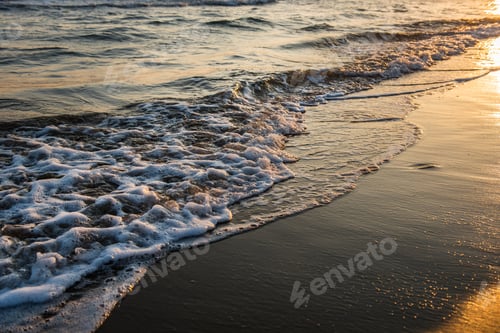 Preview: Waves approaching sandy beach during golden sunset