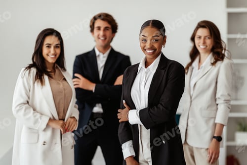 Preview: Successful multiracial business team with black female leader standing in office and smiling at