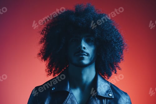 Preview: Portrait of fashion man with curly hair on red background multinational, colored light, black