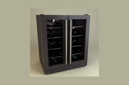 Preview: Dual-door wine cooler with open left door displaying bottles