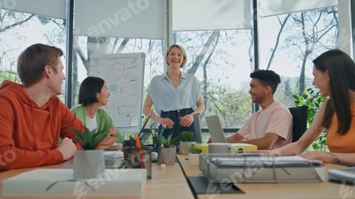 Preview: Laughing colleagues video conferencing office pov. Diverse team remote meeting
