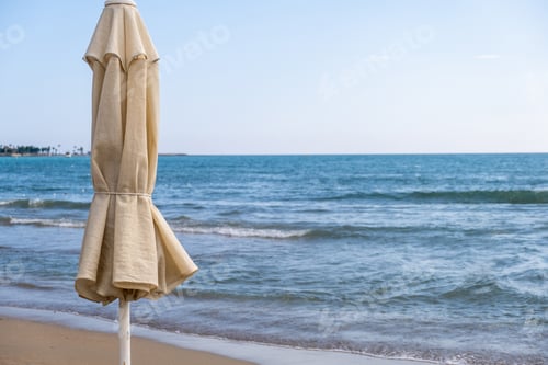 Preview: Umbrellas and sun loungers in the assembled state on the beach.