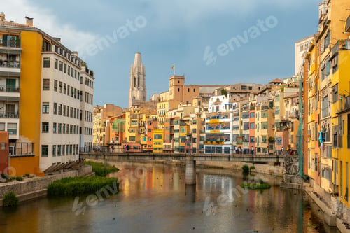 Preview: Girona medieval city, basilica and the cathedral next to the colored houses