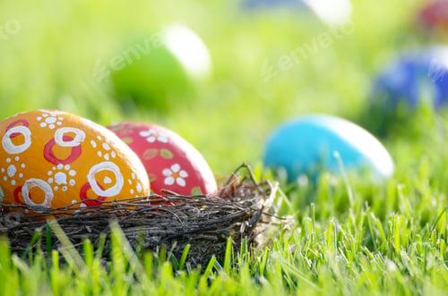 Preview: Easter eggs in the nest on green spring grass